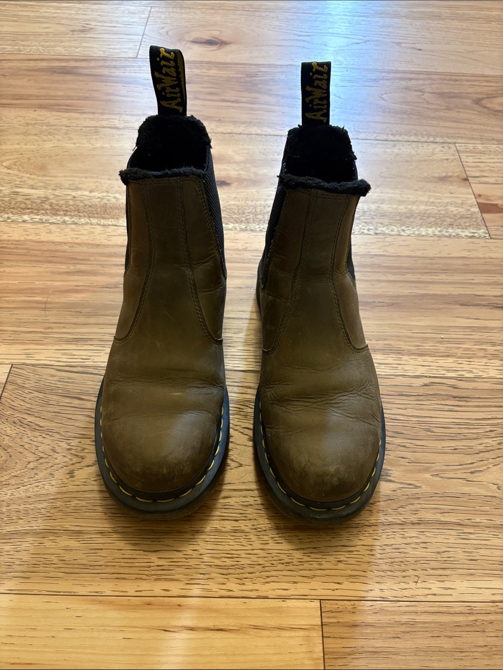 Dr. Martens Olive Brown Leather Boots with Black Fur Trim Inside